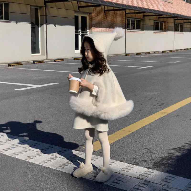 キッズ 毛皮 ポンチョ コート セットアップ 裏起毛 長袖 チュールスカート ベージュ ピンク 赤 冬服 防寒 あったか かわいい ガールズ 2点 上下