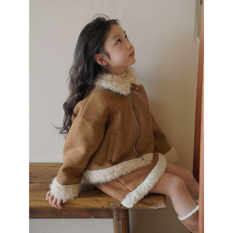 子供服 女の子 秋冬 韓国風 フェイクファー ジャケット 暖かい ボア スエード スカート 上下セット 2点セット 90 100 110 120 130 140