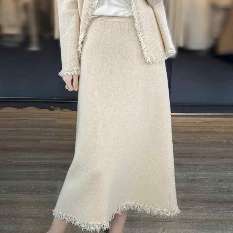 スカート レディース Aライン 羊毛 ウール ニット ロングスカート フリンジ ミモレ丈 膝下丈 文芸風 レトロ調 ゆったり 体型カバー 高見え 秋冬 モカブラウン オリーブグリーン ベージュ