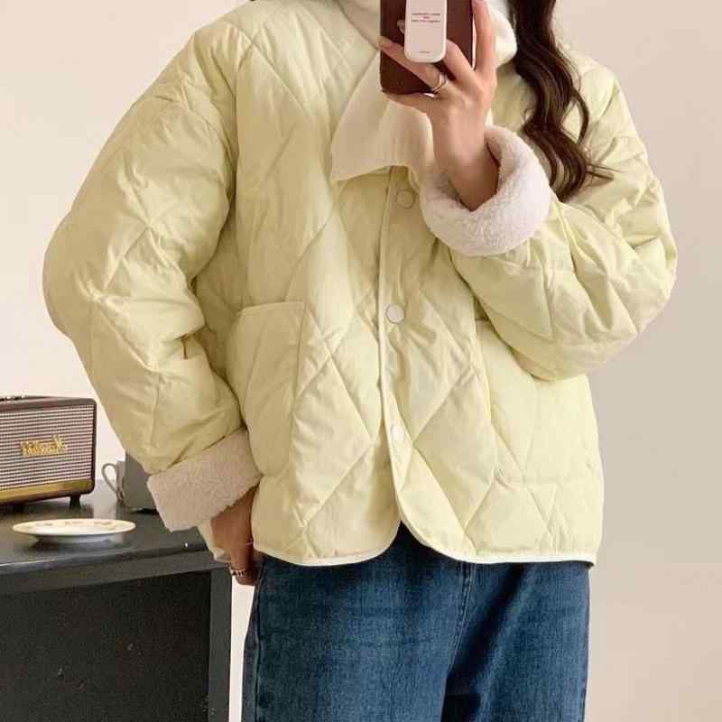 綿入りコート レディース 小柄 菱形 キルティング ラウンドネック ゆったり 厚手 黄色 緑 あったか