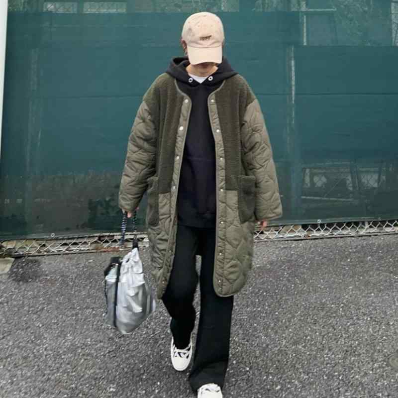 綿入り口・入口上衣 レディース 秋冬 ミリタリー緑であること ゆったり ひし形 キルティング うつり変わり ラウンド素っ首 ロング丈 普段使い