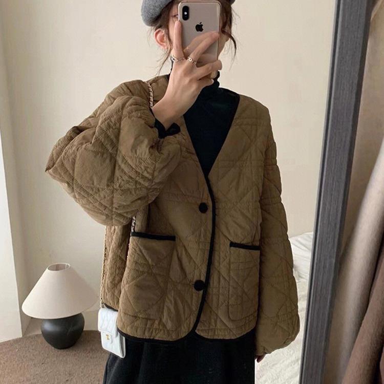 コート レディース 秋冬 菱形 中綿 ジャケット アウター 韓国風 かわいい 暖かい ポリエステル 長袖 ゆったり 直筒 波浪襟 厚手 清新 甘め 公主風