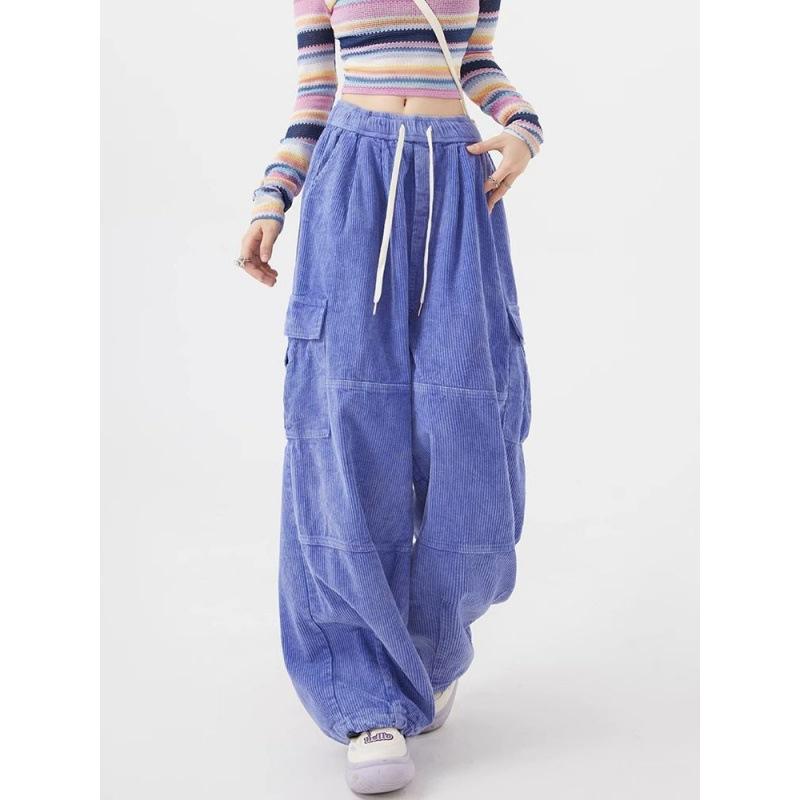 パンツ レディース コーデュロイ ワイドパンツ ストレートパンツ 高腰 ブルー ブラック カジュアル ストリート 無地 ポケット付き