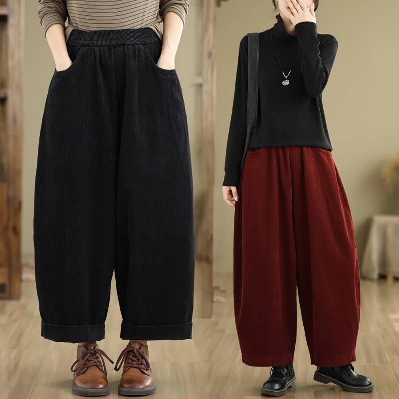 パンツ レディース 大きいサイズ コーデュロイ ワイドパンツ ゆったり ストレート 文芸復古 春夏 秋冬 ブラック レッド M L XL 2XL(x3)