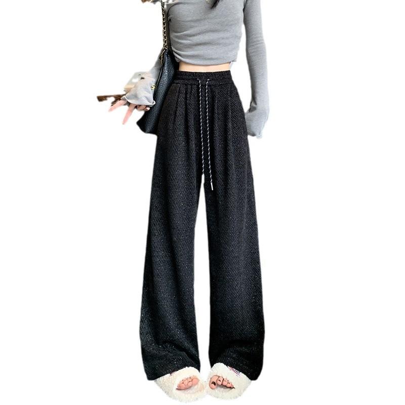 パンツ レディース シェニールニット ワイドレッグパンツ 秋冬 高見え ベルベット ストレートパンツ リラックス ドローストリング ハイウエスト 美脚 あったか 裏起毛 カジュアル