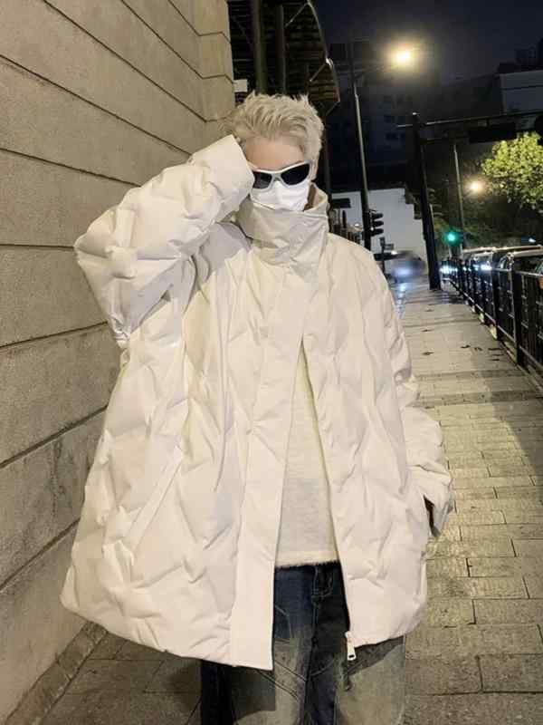 綿入りジャケット 男性用 Vネック ルーズフィット 無地 秋冬 白 黒 ポリエステル