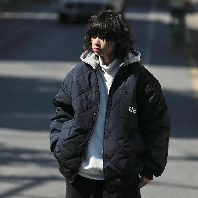 綿入り ジャケット 男性用 日系復古 取り外し可能 フェイクレイヤード 菱形柄 ワークウェア 防寒 アウター カーキ