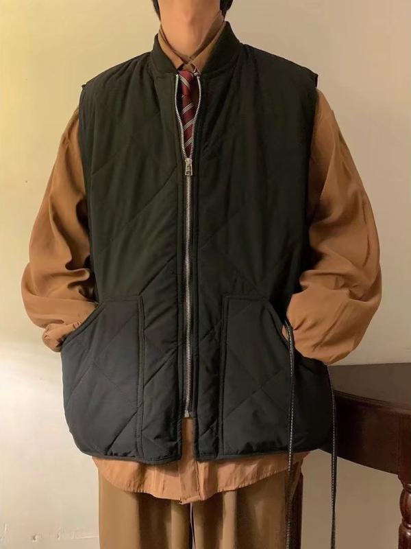 メンズ コットン ベスト 春秋 男性用 菱形柄 中綿入り スタンドカラー ジャケット カジュアル スタイル トップス ブラック ブラウン