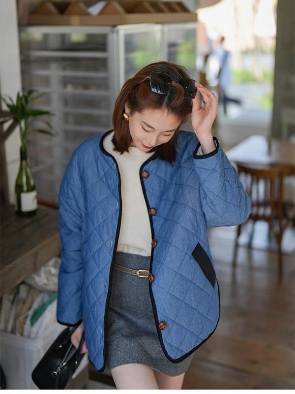 綿服 レディース 冬 アウター ラウンドネック キルティング ゆったり 体型カバー 菱形 チェック パイピング デニムブルー S M L