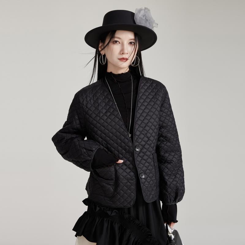 綿服 レディース 菱格 Vのど首 遊撃手丈 綿織物 上衣 アウター 表どおり 欧美風 黒いこと コート・ジャケット-レディースファッション