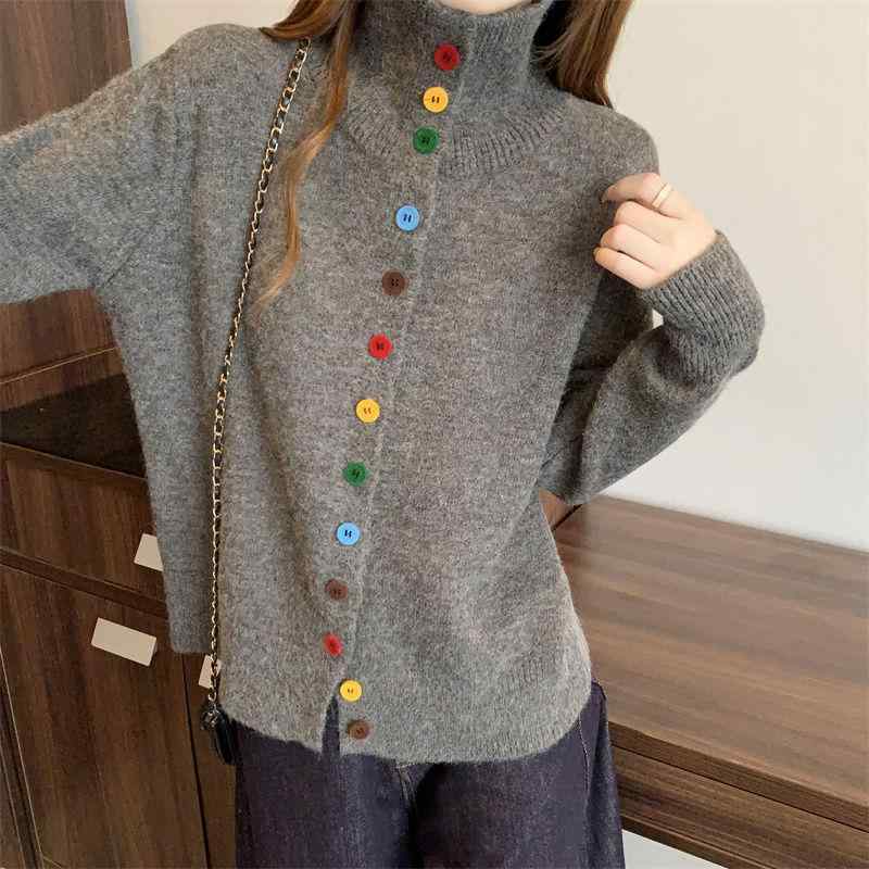 ニットカーディガン レディース 韓国風 配色 カラーボタン トップス 秋冬 長袖 ゆったり かわいい 私服名媛 普段使い 通勤