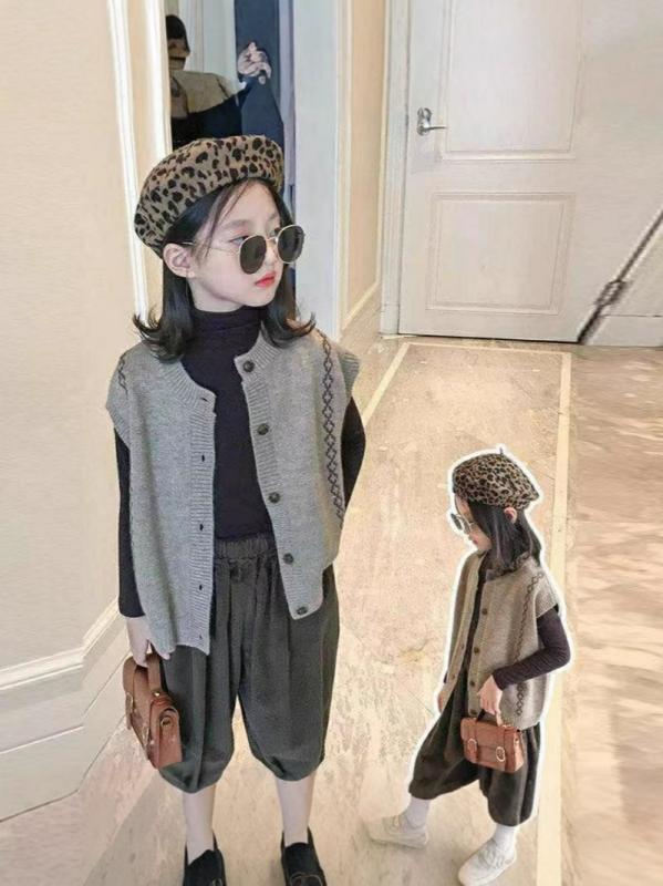 子供服 ニットベスト 女の子 春秋 Vネック かわいい おしゃれ ニット セーター ベスト キッズ ジュニア 発表会 入学式 卒業式 通園 通学 ベージュ ブラウン系