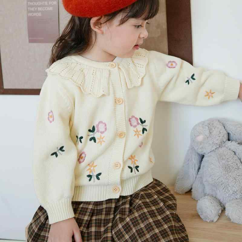 ニットカーディガン キッズ 女の子 子供服 春秋 刺繍 花柄 柔らかい コットン 襟付き 長袖 かわいい おしゃれ 通園 通学 普段使い