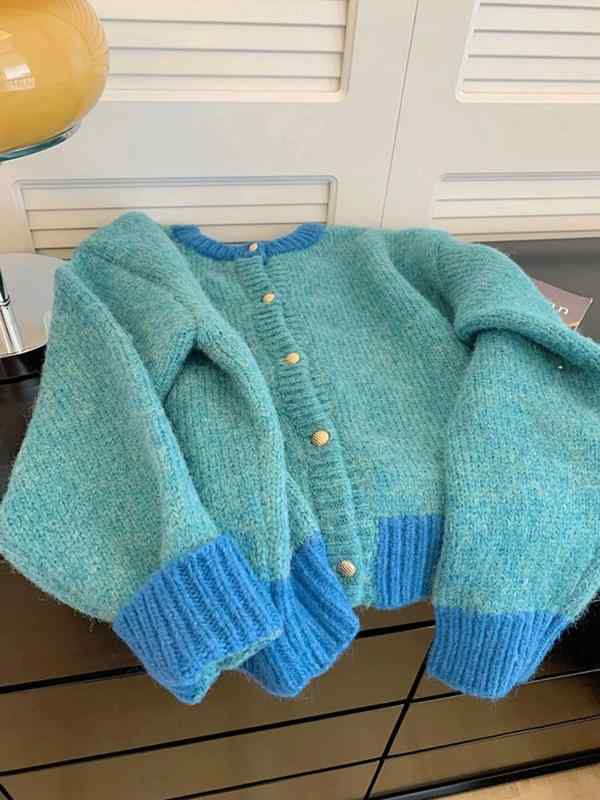 ニット カーディガン キッズ 女の子 子供服 湖水色 韓国風 ニット トップス ラウンドネック 長袖 無地 かわいい ガーリー 秋冬