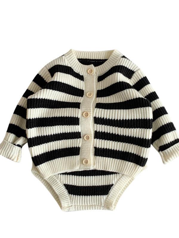 ベビー服 ニット セットアップ 春秋 薄手 男女兼用 ストライプ トップス パンツ 上下セット 2点セット 幼児 赤ちゃん 伸縮性