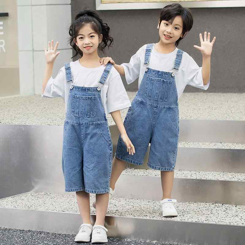 子供服 デニムパンツ サロペット セットアップ キッズ デニム ショートパンツ ハーフパンツ 夏 ゆったり 男女兼用 綿 浅ブルー 前ポケット付き かわいい 高学年