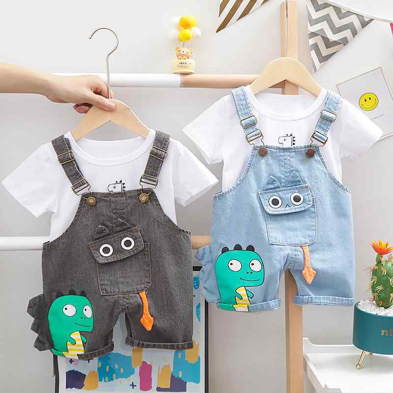 キッズ 子供用 半袖 短パン 2点セット 恐竜柄 ラウンドネック Tシャツ ショートパンツ 上下セット カジュアル 綿 通園 普段着 夏 ブラック ブルー系
