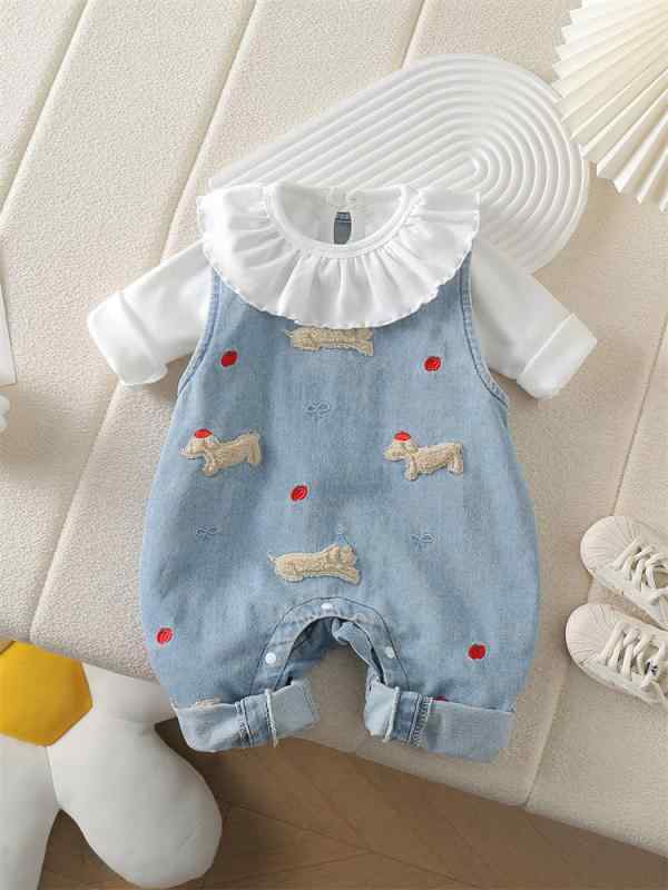 ベビー服 上下セット 春秋 長袖 トップス デニム オーバーオール 2点セット 女の子 かわいい 新生児 乳幼児 幼児 綿95% 花柄 アップル ドッグ