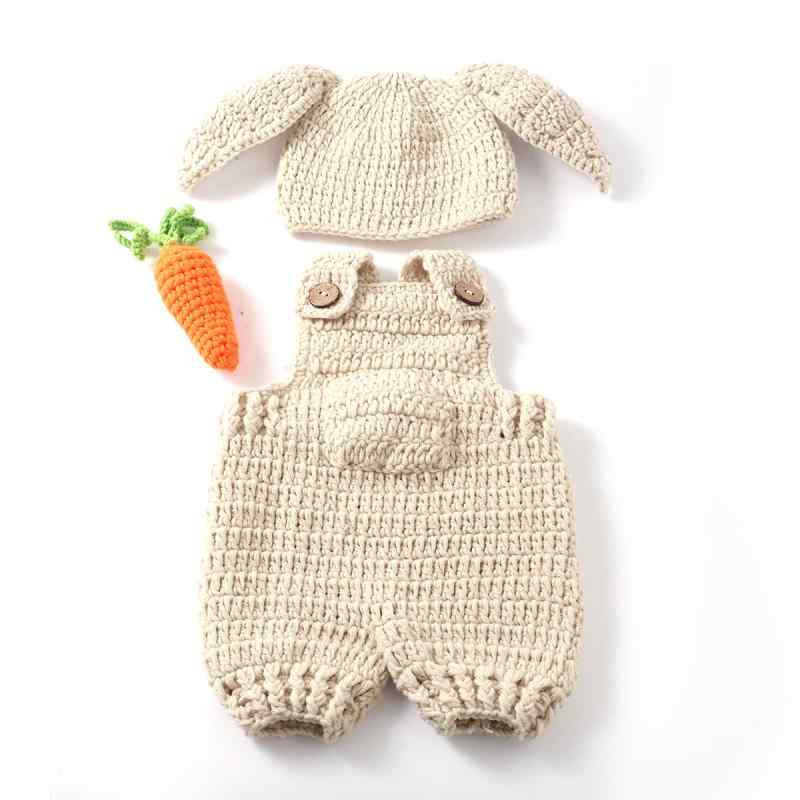 ベビー服 ニット セットアップ 春夏 新生児 コスチューム ラッキーアイテム 手編み ニンジン ウサギ 写真撮影用 かわいい サスペンダーパンツ コットン 柔らかい ミルクホワイト