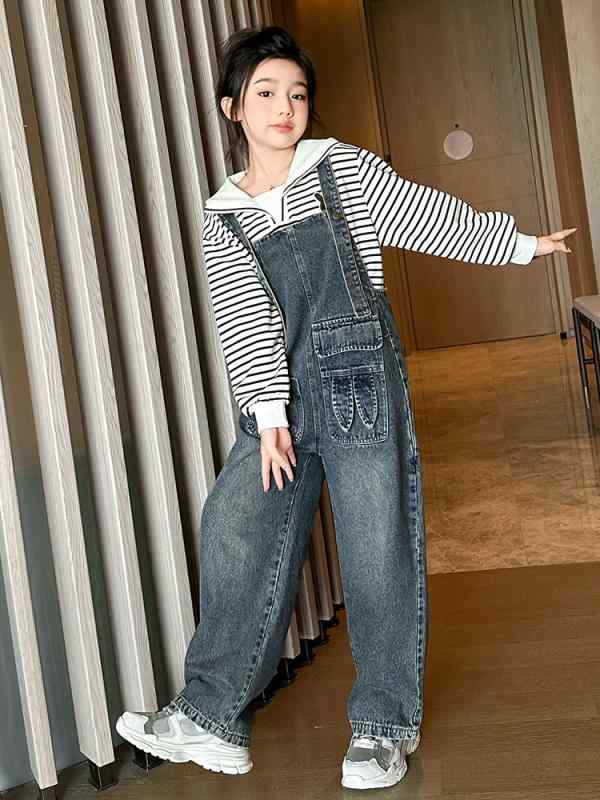 子供服 デニム サロペットパンツ 女の子 ワイドレッグパンツ ロングパンツ ガールズ カジュアルパンツ 春夏 ミディアムウエスト コットン 通学着 普段着 かわいい おしゃれ 8歳 9歳 10歳 11歳 12歳 13歳 14歳 15歳 16歳
