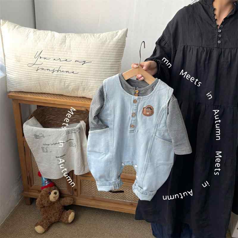 ベビー服 男の子 デニム オーバーオール パンツ ボーダー柄 トップス 2点セット 春秋 長袖 コットン 幼児 上下セット かわいい おしゃれ