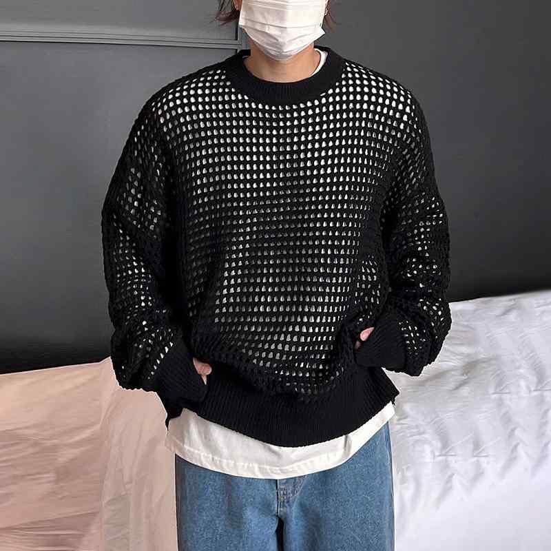 ニット メンズ 長袖 丸首 コットン 秋物 韓国風 ゆったり おしゃれ トップス カジュアル 普段使い 黒 カーキ