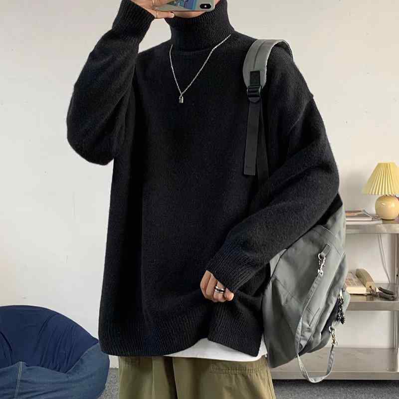 ニット メンズ タートルネック セーター 秋冬 リブ 裾 無地 プルオーバー トップス 韓国 ファッション カジュアル ゆったり 普段使い 部屋着 黒 白 青 緑