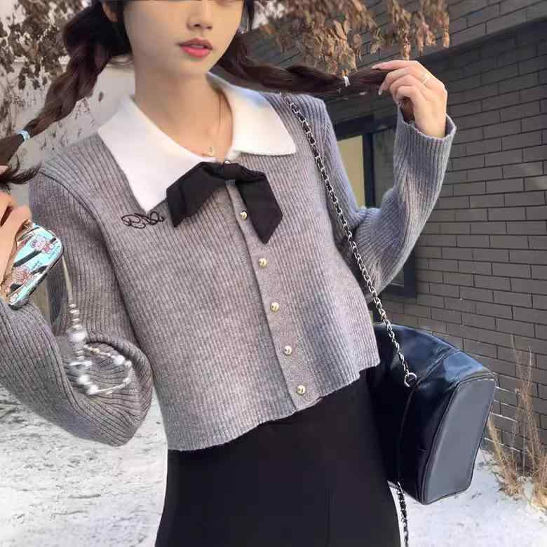 ニットカーディガン レディース 秋冬 学院風 配色 ショート丈 トップス 羊毛 アルパカ ふんわり かわいい 暖かい 黒 杏色 赤 グレー