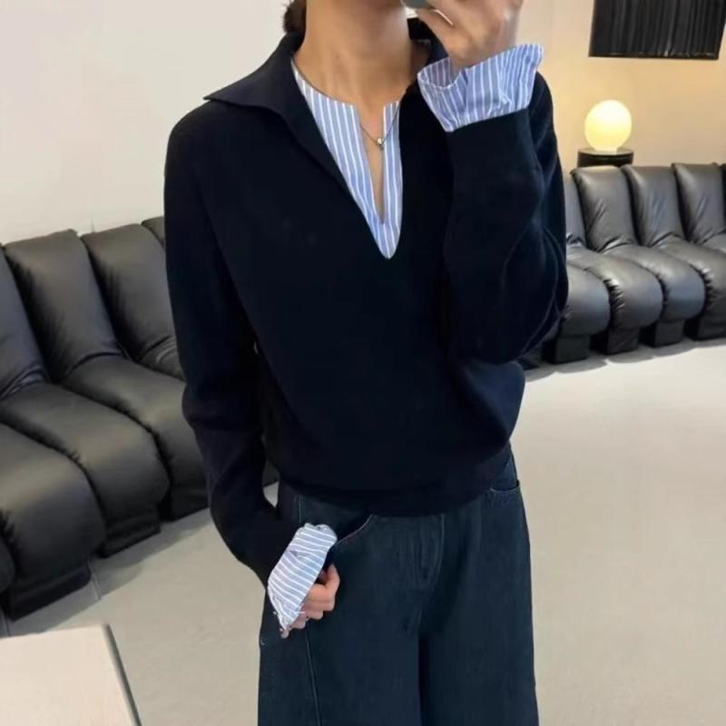 ニット レディース 春 Vネック 配色 切り替え ストライプ 幾何学模様 プリンセス袖 長袖 ゆったり 接触冷感 伸縮性 トップス 私服 名媛風 御姐風 紺 グレー アイボリー