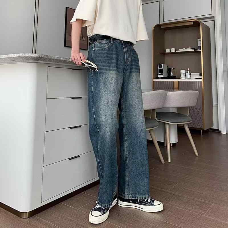 デニム メンズ 水洗い加工 ストレートパンツ ルーズフィット ジーンズ ジーパン ズボン ボトムス ウォッシュ加工 カジュアル アメカジ ゆったり ヴィンテージ風