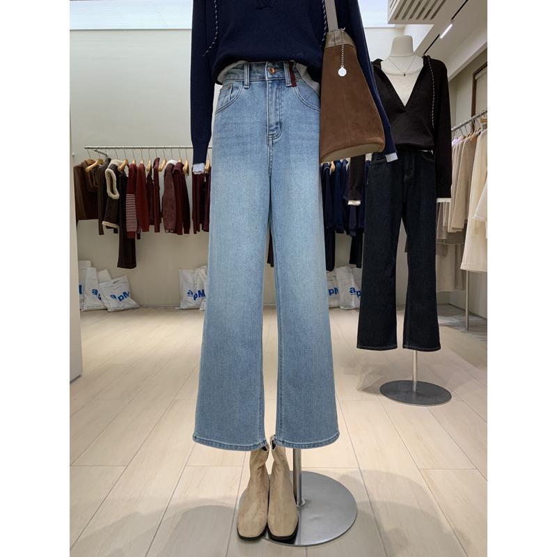 レディース 牛仔パンツ 秋冬 ハイウエスト ワイドレッグ ブルー 切り替え 暖か 加厚 中厚 ストレッチなし ロング丈 デニム 軽量 落ち感 日韓カジュアル 普段使い 通勤用 膝下丈 ラフスタイル ゆったりシルエット クラシック デイリーウェア