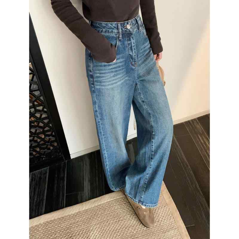デニムパンツ レディース ブルー デニム ワイドレッグパンツ ジーンズ ジーパン ズボン ボトムス ロングパンツ 大喇叭型 中厚地 中腰 カジュアル かわいい 私服名媛スタイル