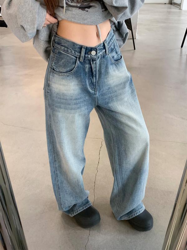 デニム レディース 美脚 ワイドパンツ ハイウエスト ジーンズ ジーパン ズボン ボトムス ストレート ゆったり カジュアル 韓国ファッション ポケット付き 着痩せ 体型カバー