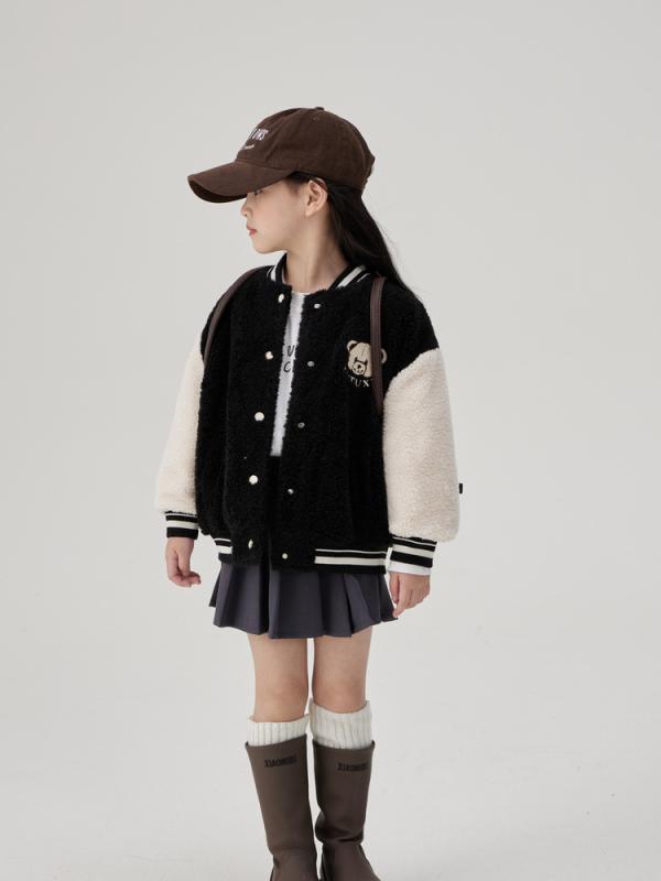 子供服 アウター 女の子 野球 ジャケット 秋冬 暖か ジャンパー ベルベット 厚手 ポリエステル ブラック レッド 90 100 110 120 130 140 150 160