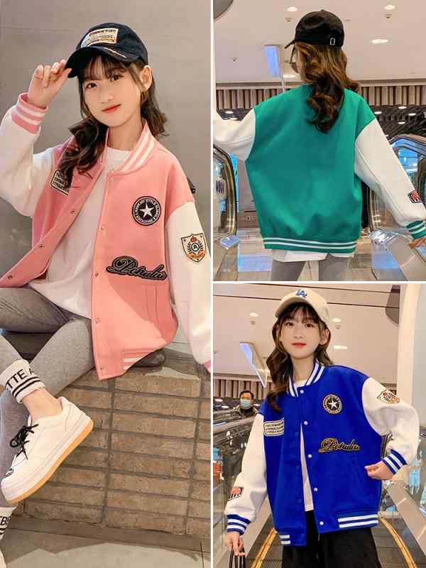 キッズ ジャケット 女の子 春物 アウター 子供服 大童 野球服 ジャンパー ブルゾン 配色 スター プリント ポリエステル かわいい 通学 普段使い ピンク系 グリーン ブルー