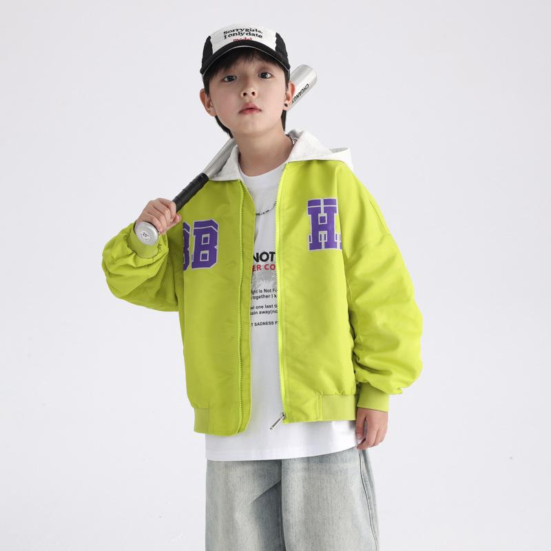 子供服 ジャケット 男の子 取り外し可能 フード付き 野球服 ジャンパー アウター 運動着 黄緑色 紫色 ポリエステル 長袖 110cm 120cm 130cm 140cm 150cm 160cm 170cm