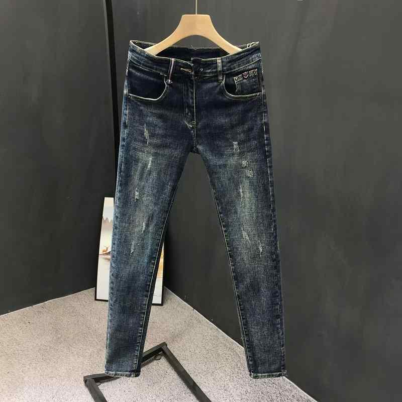 メンズ デニムパンツ スリムフィット 小脚 コーンフォーム 中腰 ジップフライ ミディアムストレッチ ウォッシュ加工 ロングレングス 多ポケット 猫の髭ディテール ブルー 青春流行 休? 青少年向け ポリエステル混 コットン風 伸縮性 通勤 普段使い ア