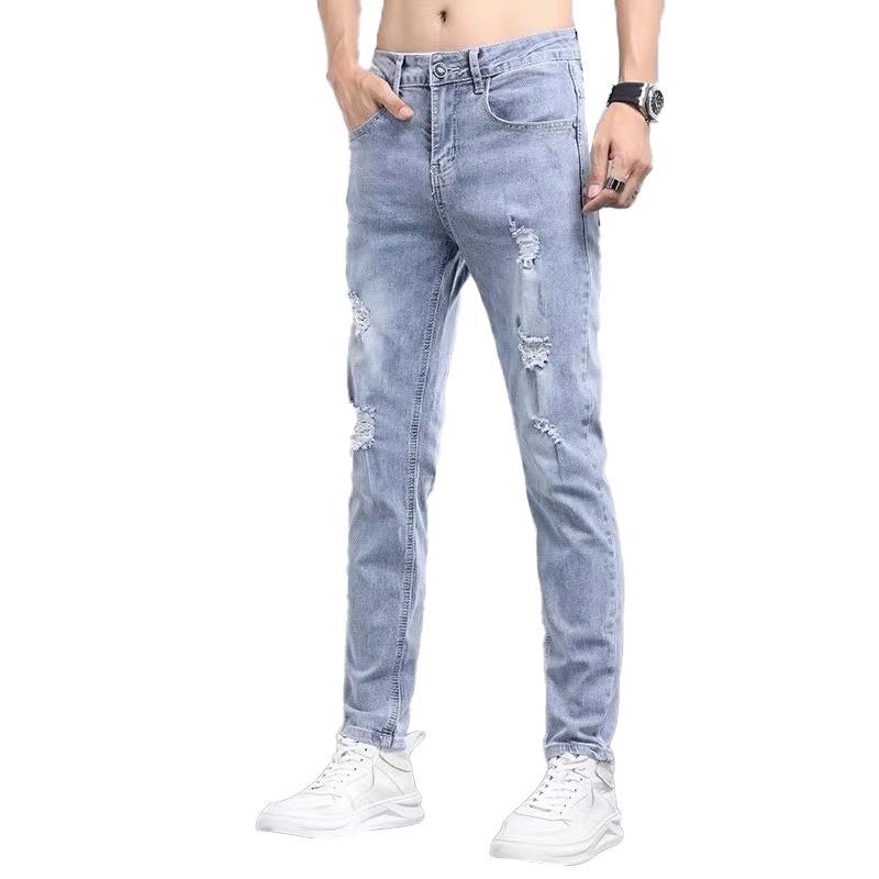 ジーンズ 男性用 スリムフィット ストレート ダメージ加工 9分丈 ジーパン ズボン パンツ 綿 水色 ブラック 秋