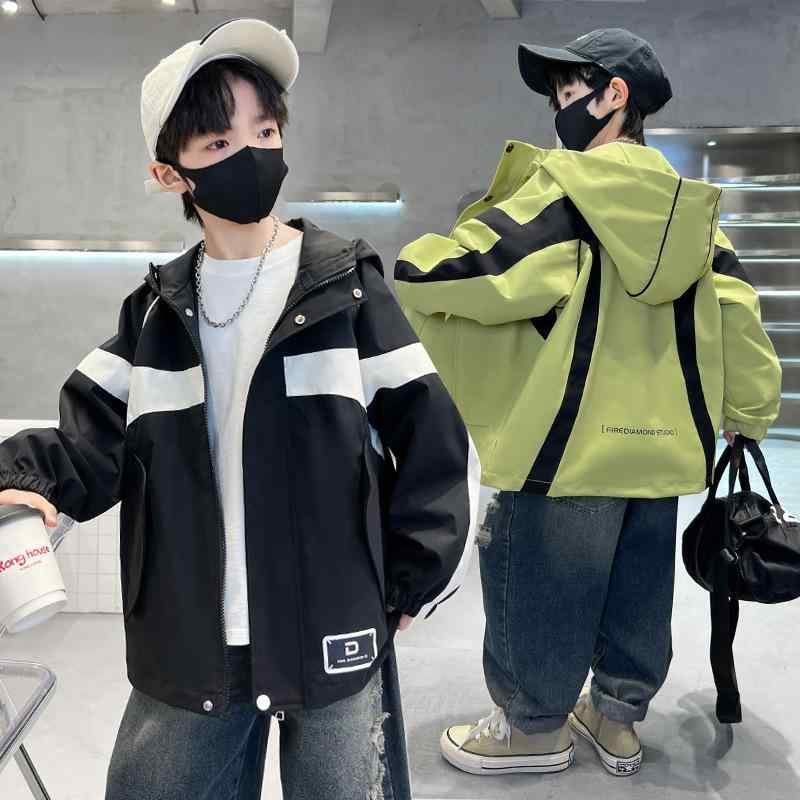 キッズ アウター 子供服 男の子 春秋 フード付き ジャケット スポーティー カジュアル 中綿入り 防風 普段使い 長袖 切り替え バイカラー イエロー ブラック系