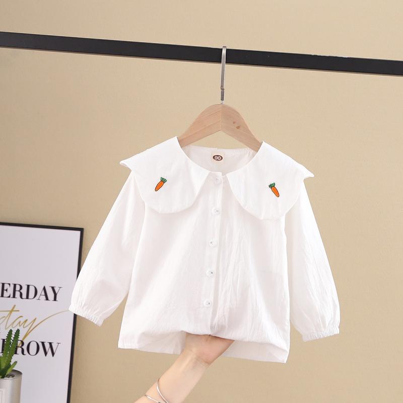 シャツ ガールズ 春秋 長袖 トップス 韓国子供服 白 ブラウス かわいい ベビー 襟付き シャツワンピース 綿90% 通園 通学 普段使い
