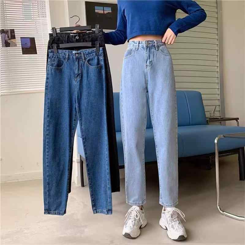 デニムパンツ 女性用 夏 高腰 スリム ストレート コットン 微弾性 口袋 付き 長丈 中厚 深ブルー ライトブルー 韓国風 ハーレム風 インスパイア 日常使い 快適 デニム 切り替え 免・聞 加工 シンプル カジュアル