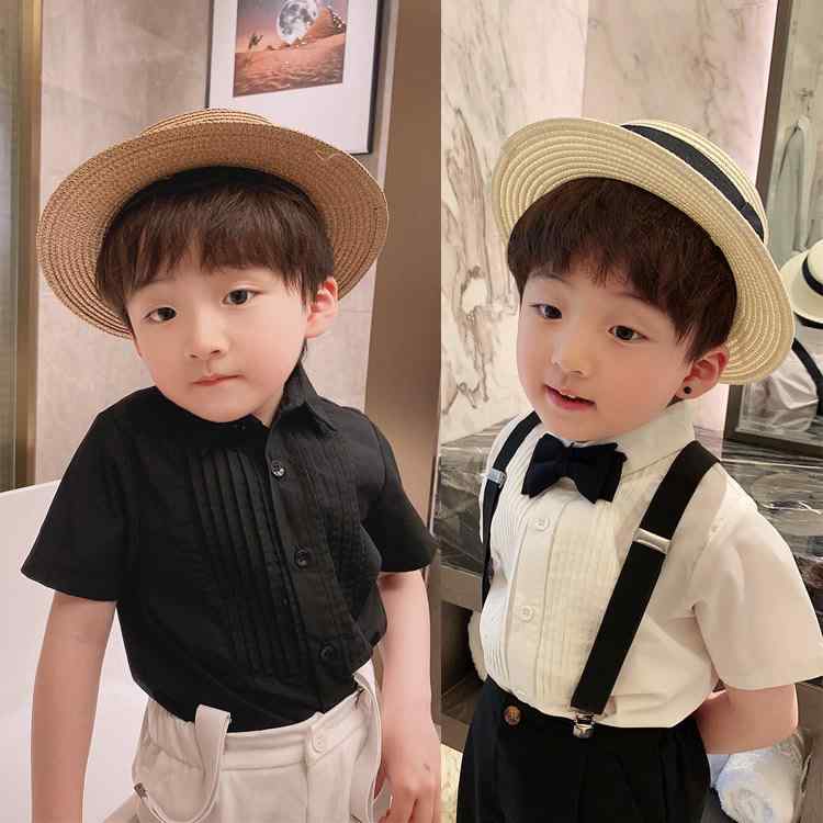 シャツ 子供用 半袖 韓国風 プリーツ ブラウス 夏 カジュアル おしゃれ トップス インナー 普段着 フォーマル ポリエステル 白色 黒色