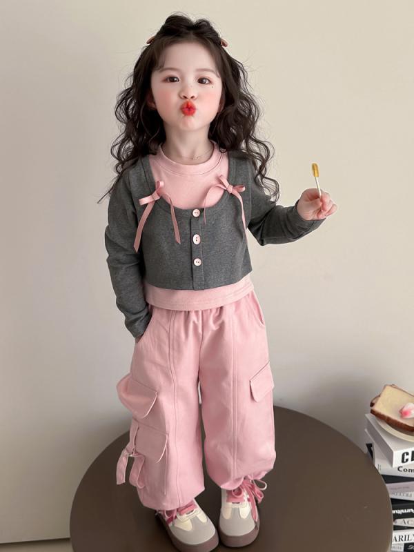 キッズ ガールズ パンツ セットアップ 春秋物 韓国風 かわいい 子供服 女の子 2点セット 長袖 トップス ズボン 普段着 ピンク系