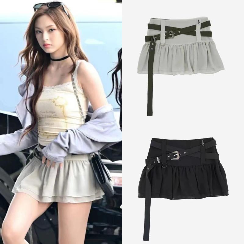 スカート 女性用 韓国風 短め 百褶 フレア シフォン ポリエステル 接触冷感 軽量 ブラック グリーン 普段使い 夏 カジュアル トップス 合わせ かわいい デザイン