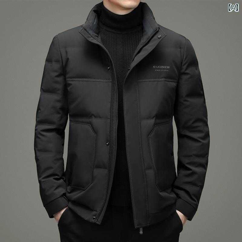 羽絨服 男性用 立襟 白ダックダウン 85% 秋冬 防寒 アウター 普段使い ショート丈 ポリエステル 黒 ブラック 青