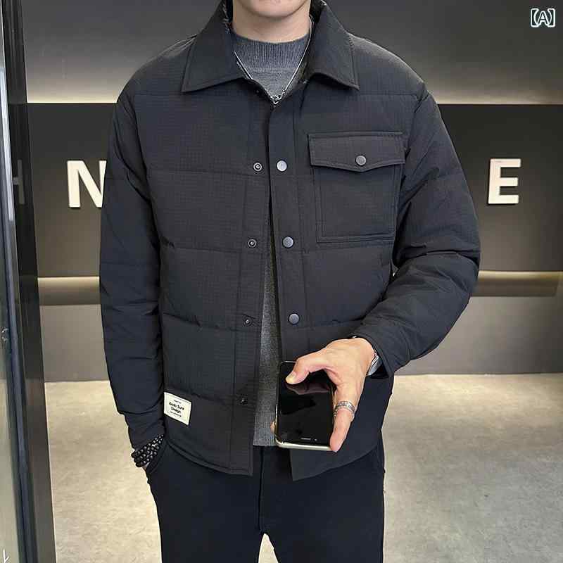 ダウンジャケット 男性用 ショート丈 立ち襟 防寒着 秋冬物 アウター 灰色 緑 白 ポリエステル 普段使い|イーマイショップ