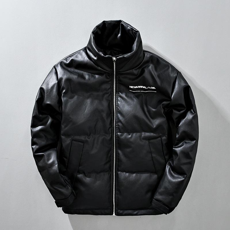 羽?服 メンズ 男性用 PUレザー アウター 秋冬 防寒 暖かい 立襟 プリント 黒 ブラック系 白 アイボリー 普段使い
