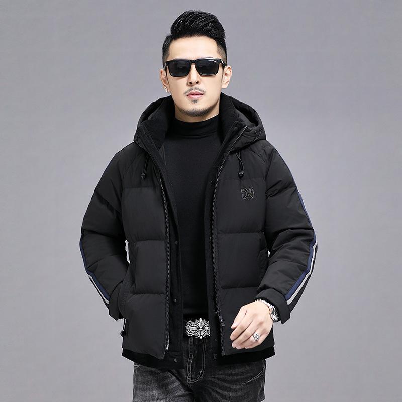 羽毛ジャケット メンズ 男性用 ダウンジャケット フード付き スタンドカラー ゆったりめ 黒 ブラック ベージュ系 秋冬 カジュアル スタイル 普段使い アウトドア 部屋着