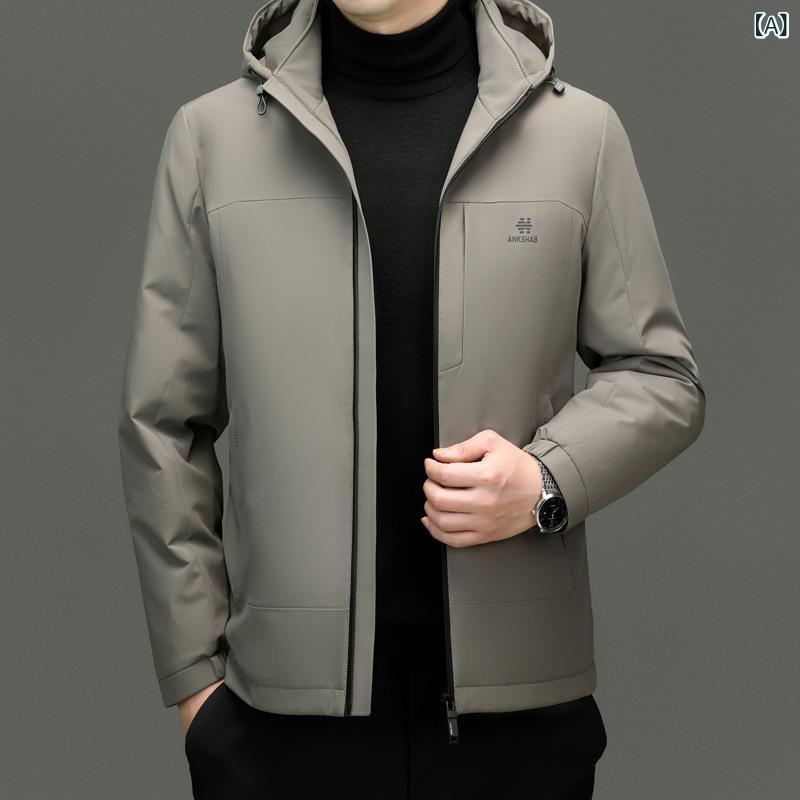 ダウンジャケット メンズ 男性用 冬 ビジネス カジュアル フード付き 大きいサイズ 防寒 紳士服 カキ色 エビ茶 鴨ダウン｜イーマイショップ 12,185円