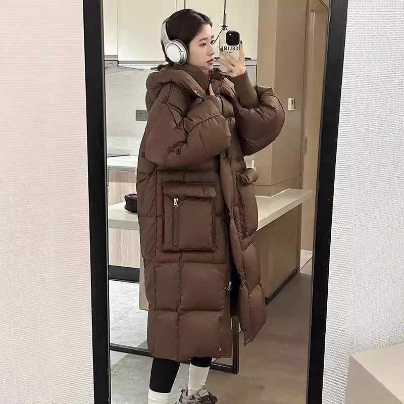 羽毛 ジャケット レディース 秋冬 新 韓国風 ゆったり 厚手 ロング丈 ひざ丈 防寒 アウター 白 黒 赤